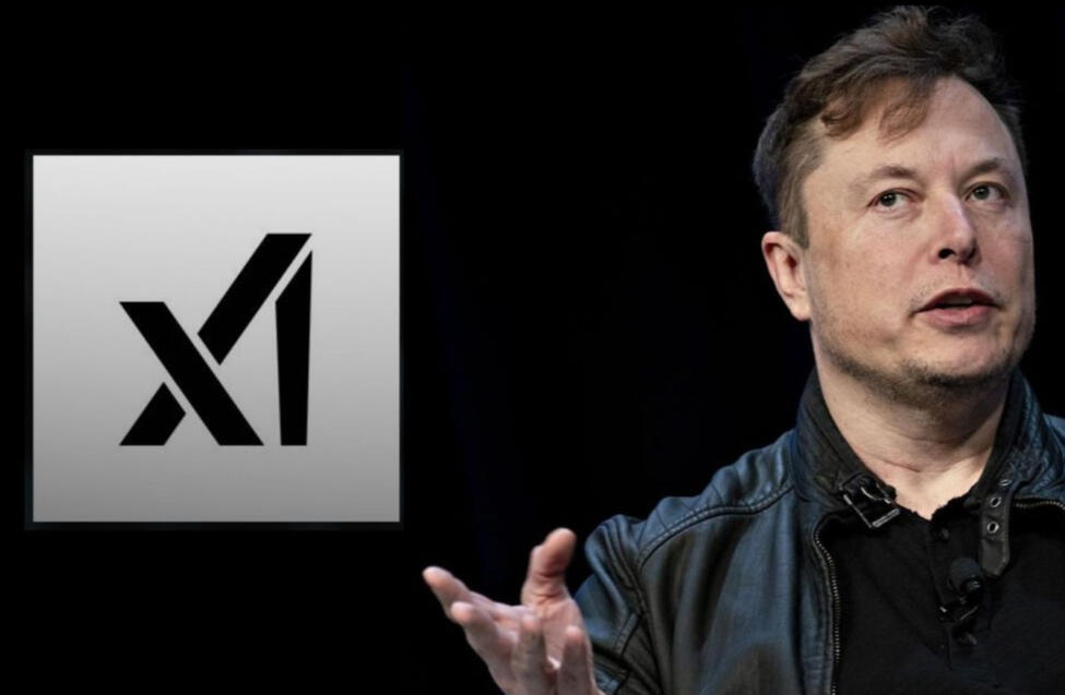 August 2025 Elon Musk standing against a black background gesturing to his right with the x AI logo